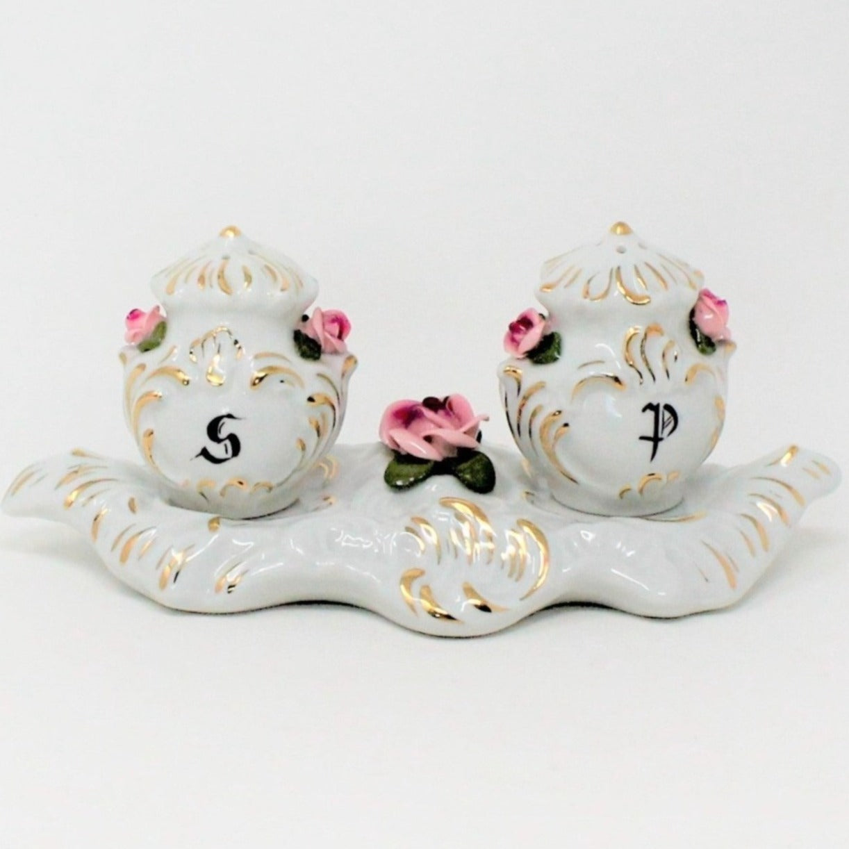 Salt and Pepper Shakers with Tray, Dresden Style, Hand Applied Pink Ro –  Antigo Trunk