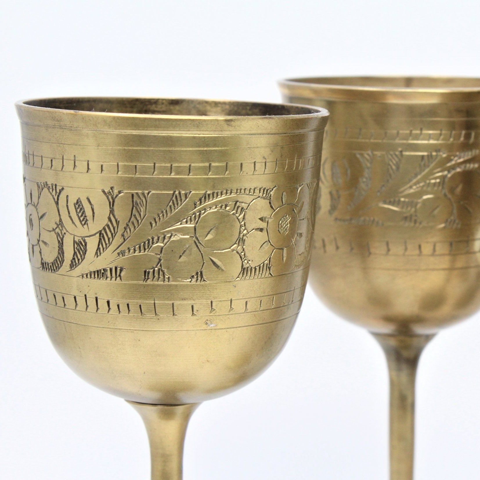 Wine Glasses, Hand Carved Brass, Set of 6, Vintage