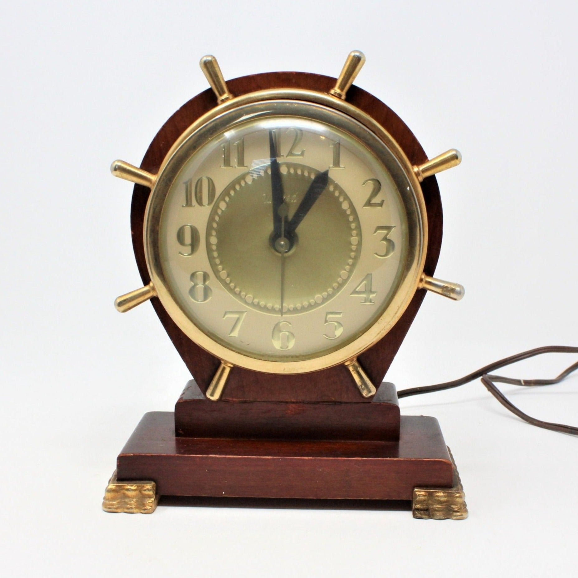 Nautical Maritime Vintage Brass Table Desk Clock With Wooden
