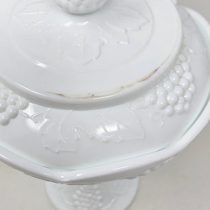 Compote / Wedding Bowl with Lid, Colony Harvest Milk Glass, Embossed Grapes, Vintage