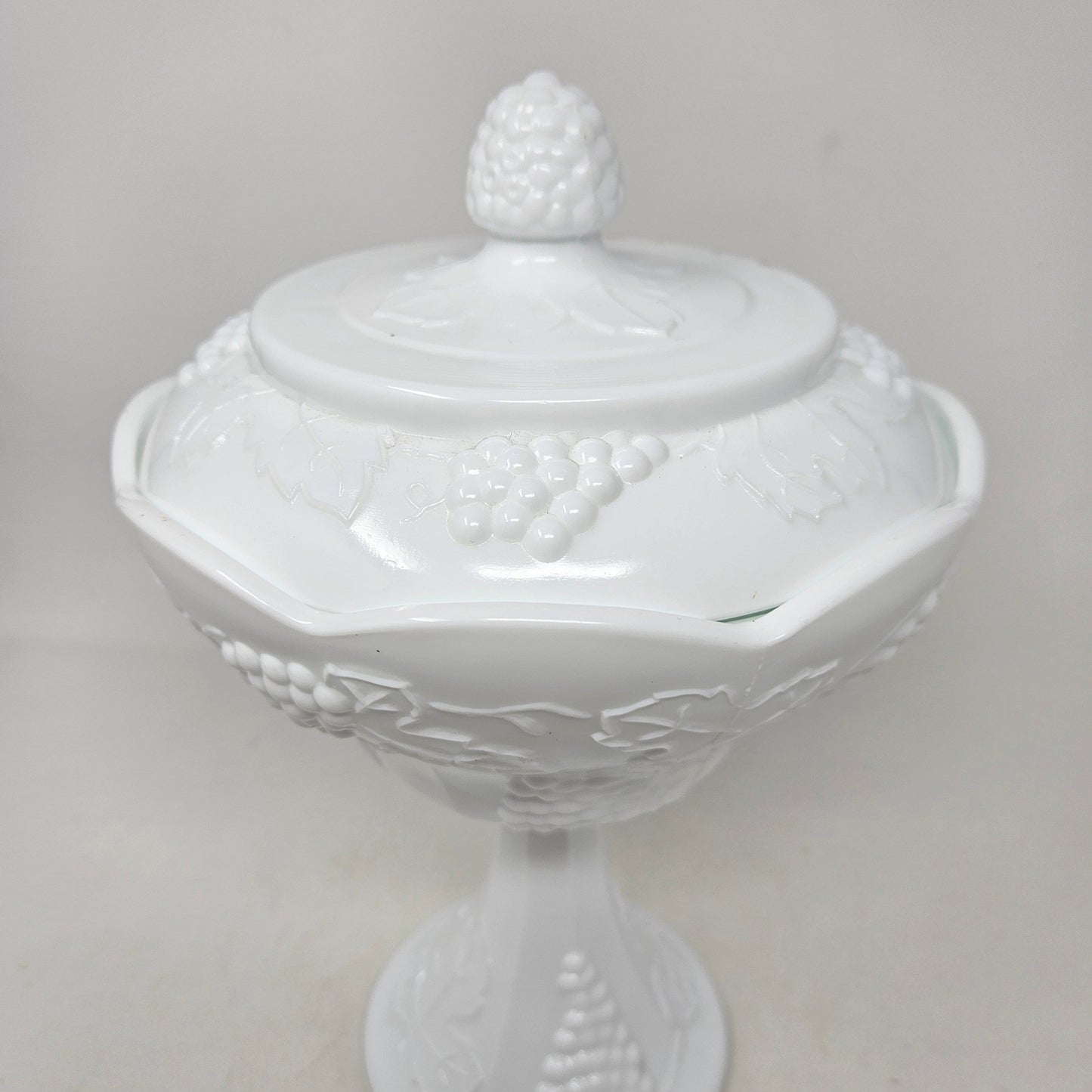 Compote / Wedding Bowl with Lid, Colony Harvest Milk Glass, Embossed Grapes, Vintage