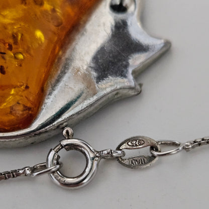 Pendant Necklace, Figural Fish Pendant on Sterling Silver Chain, Amber Stone, Vintage