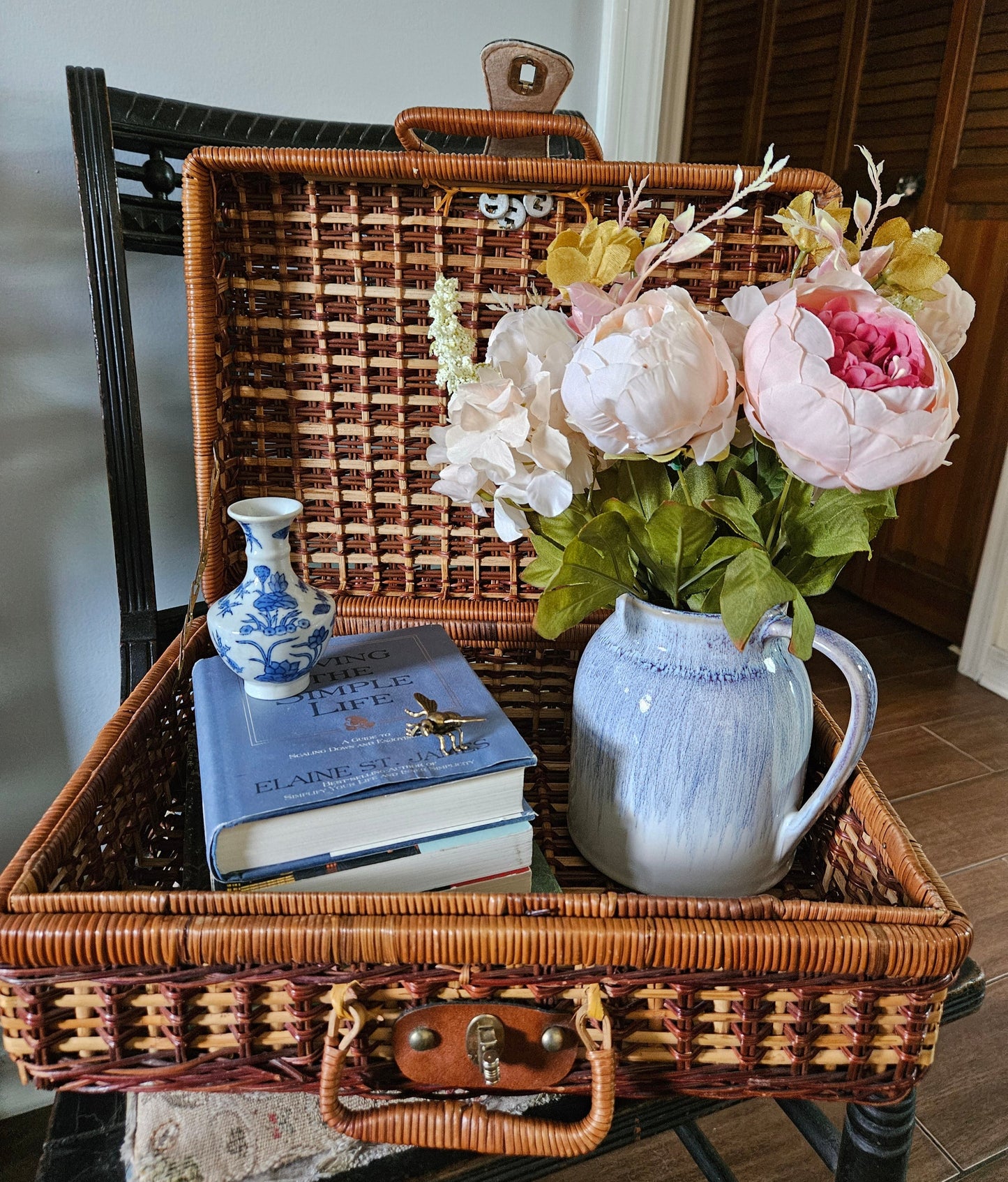 Basket, Picnic Basket, Woven Wicker with Leather Strap, Two-Tone Wicker, Vintage, SOLD