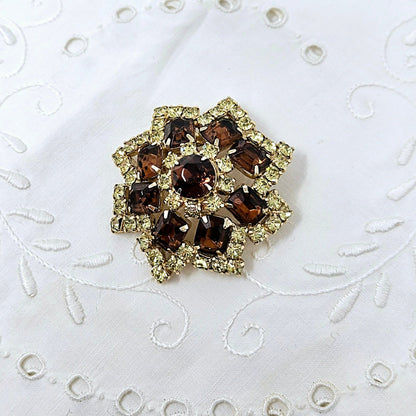 Brooch / Pin, Domed Rosette, Large Amber & Citrine Rhinestones, Prong Set, Gold Tone, Vintage