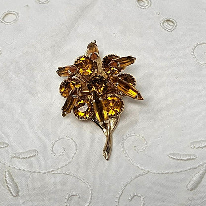 Brooch / Pin, Stemmed Flower Brooch, Amber / Topaz Navette Rhinestones, Art Deco, 3 Dimensional, Gold Tone, Vintage