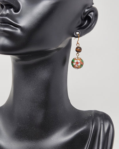 Earrings, Cloisonne Pink Flower Dangle Bead Earrings, French Copper Wire, Pierced, Vintage