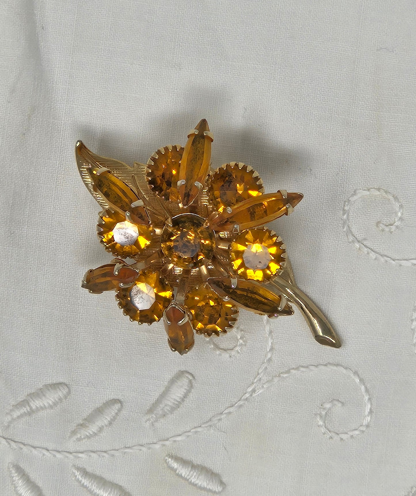 Brooch / Pin, Stemmed Flower Brooch, Amber / Topaz Navette Rhinestones, Art Deco, 3 Dimensional, Gold Tone, Vintage