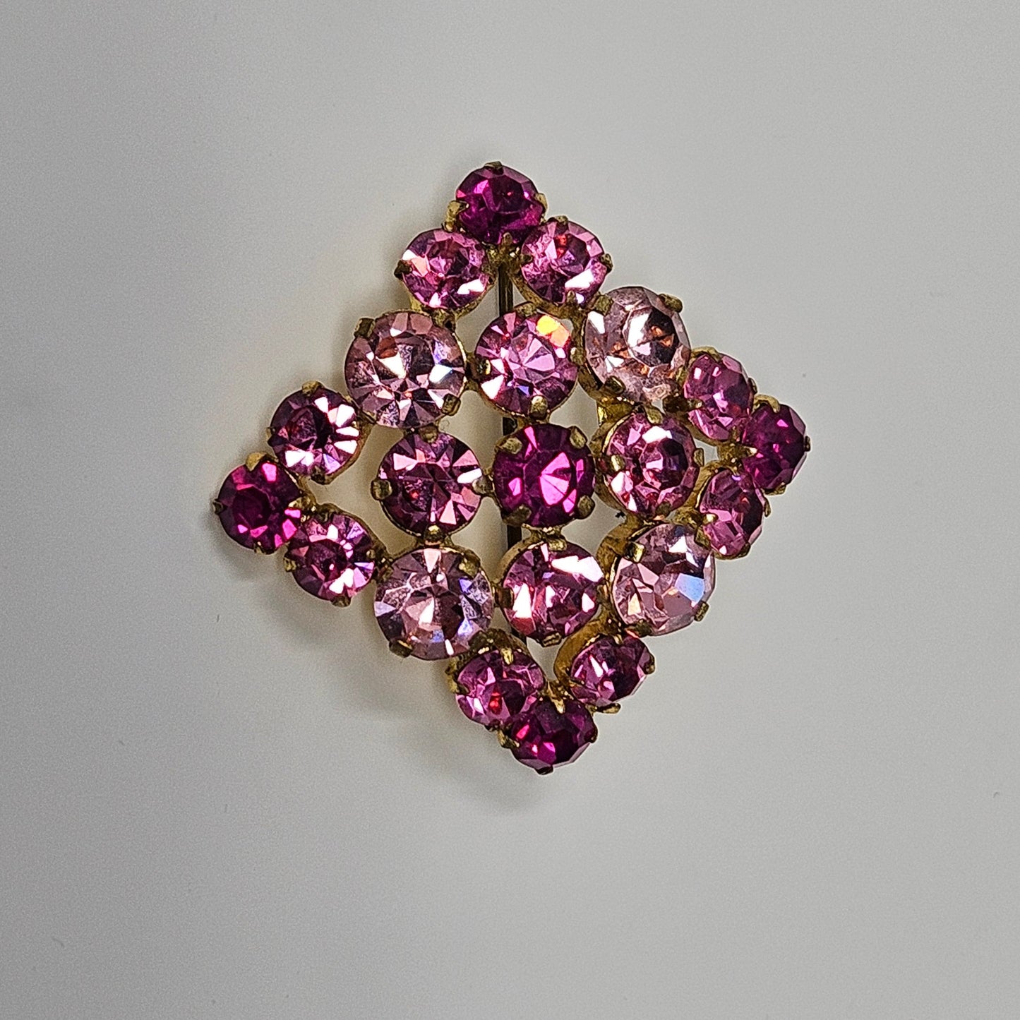 Brooch / Pin, Austrian Crystal Pink Rhinestones, Prong Set, Square Brooch, Vintage