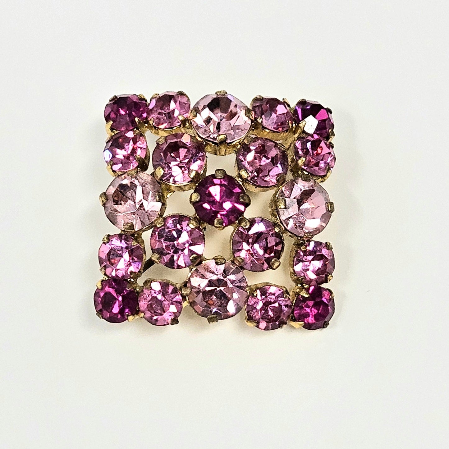 Brooch / Pin, Austrian Crystal Pink Rhinestones, Prong Set, Square Brooch, Vintage