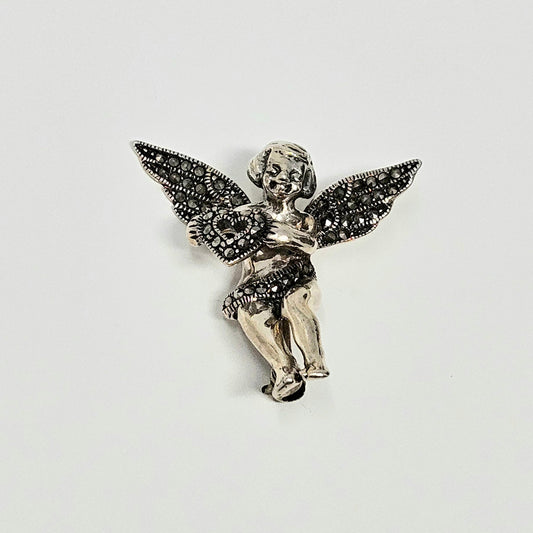 Brooch / Pin, Judith Jack, Marcasite Cupid Angel with Open Heart, Sterling Silver, Vintage