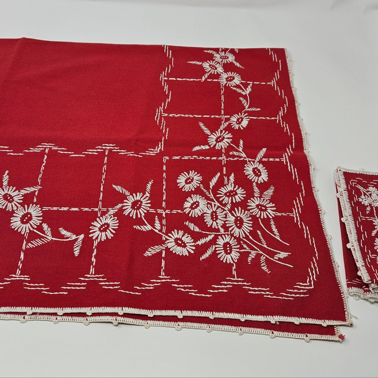 Tablecloth & Napkins Set, Square Card / Tea Table, Embroidered, Red & White, Vintage 32"