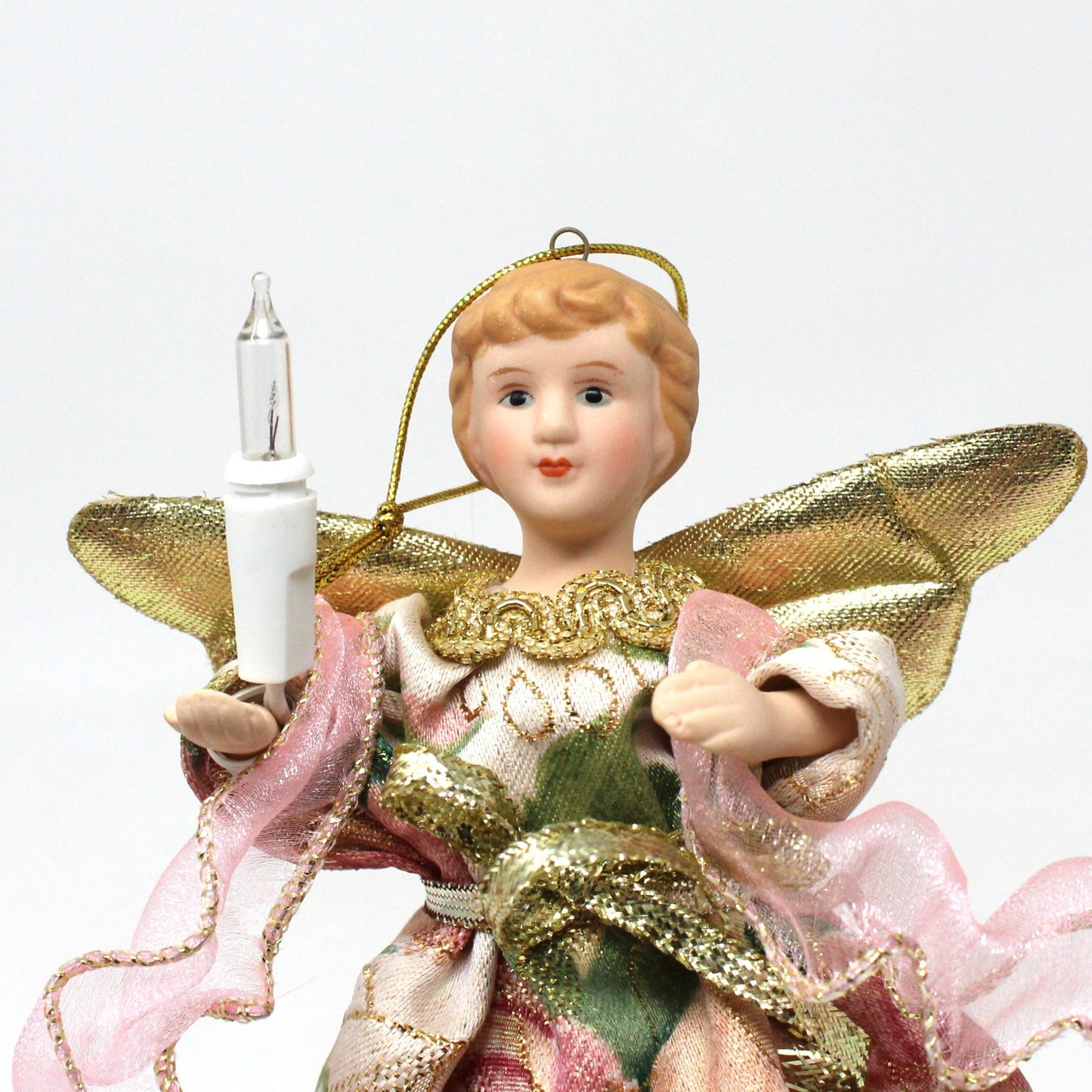 Ornaments, Lighted Angel, Porcelain & Brocade Fabric, Gold Wings, Vintage