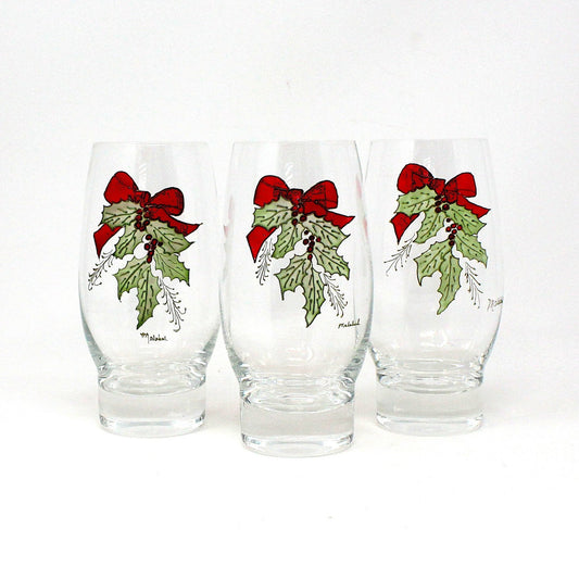 Glasses, Christmas Holly & Ribbon Beverage Glasses, Hand Painted, Signed, Set of 3