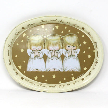 Tray, Ruth Morehead, Three Angels Praying, Peace Love & Joy to You, Oval Serving Tray, Vintage