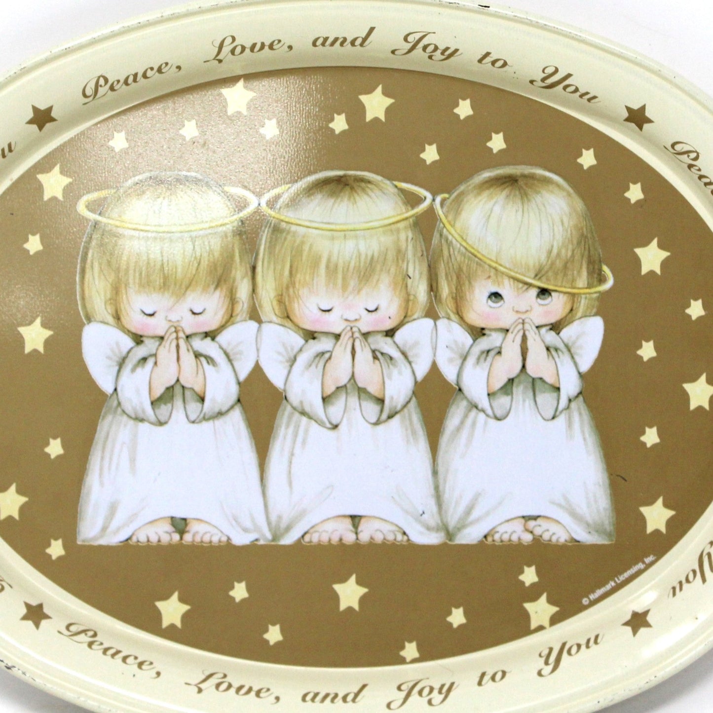 Tray, Ruth Morehead, Three Angels Praying, Peace Love & Joy to You, Oval Serving Tray, Vintage