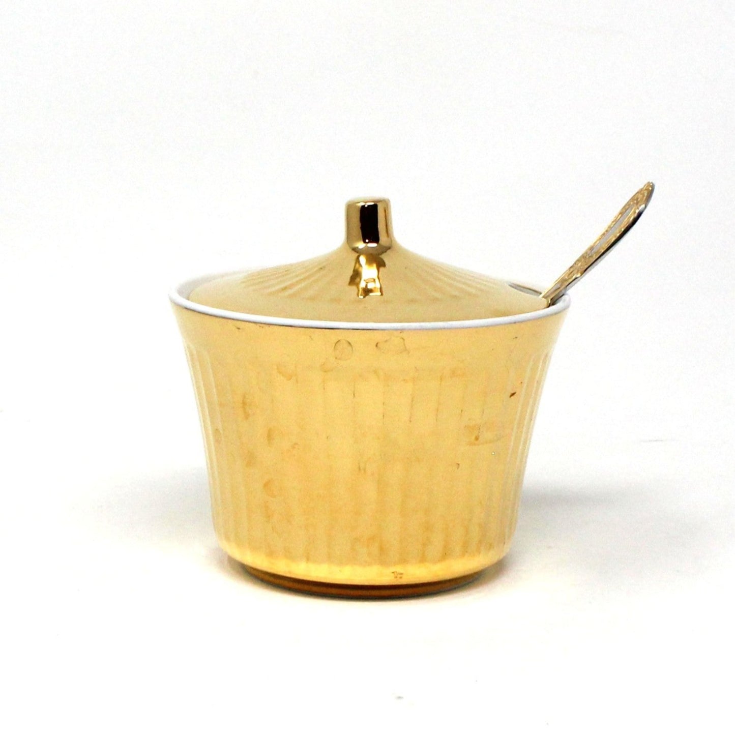 Condiment Jar, Royal Worcester, Jam / Jelly Pot with Lid and Spoon, Covered Sugar, Lustre Gold, Vintage, 1950's