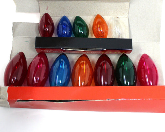 Decorative Christmas Lightbulbs, C-9 / C-7 Transparent Multicolor Bulbs, Set of 12, Vintage