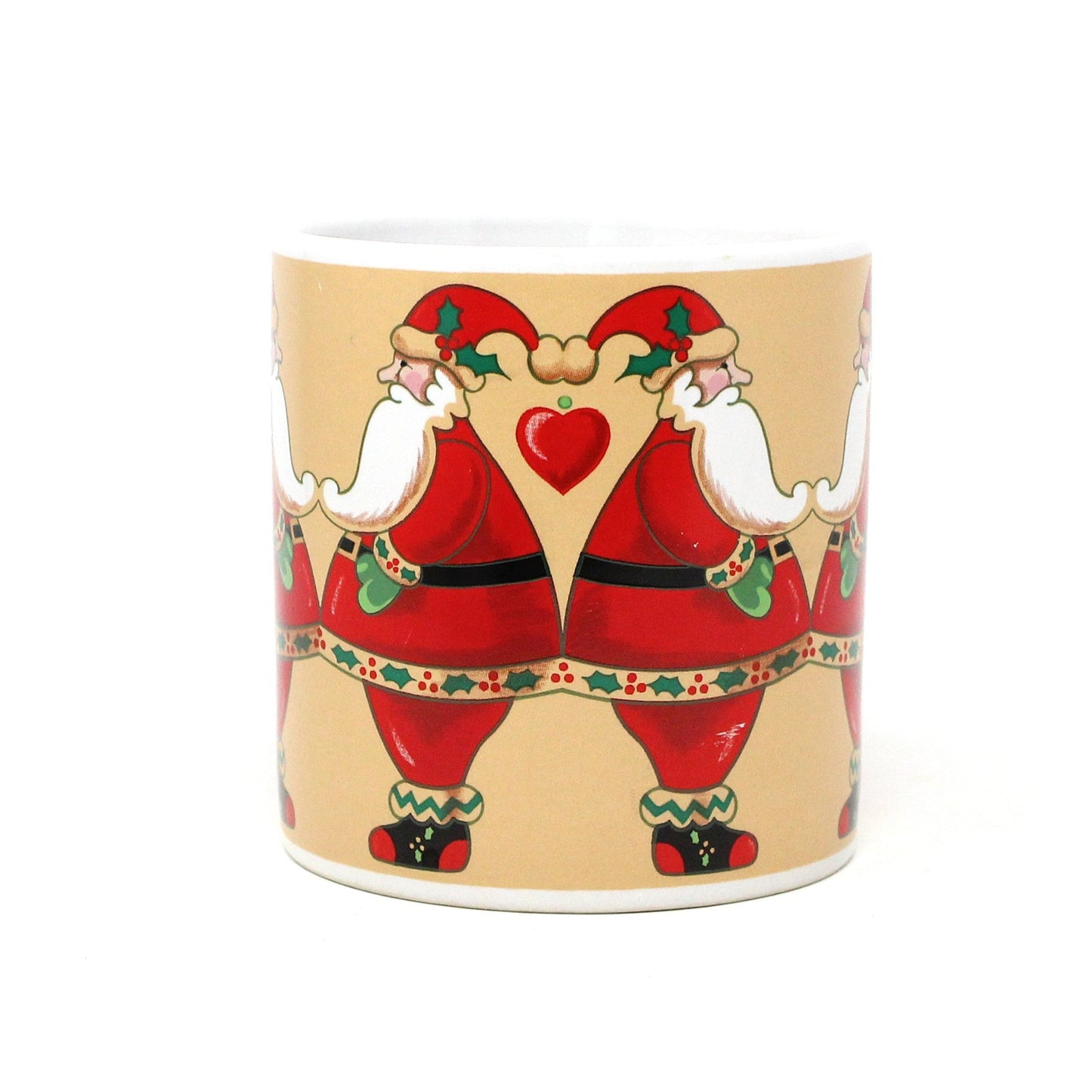 Mug, Russ Berrie, Coffee Mug, Christmas Santas with Hearts #9497, Ceramic, Vintage