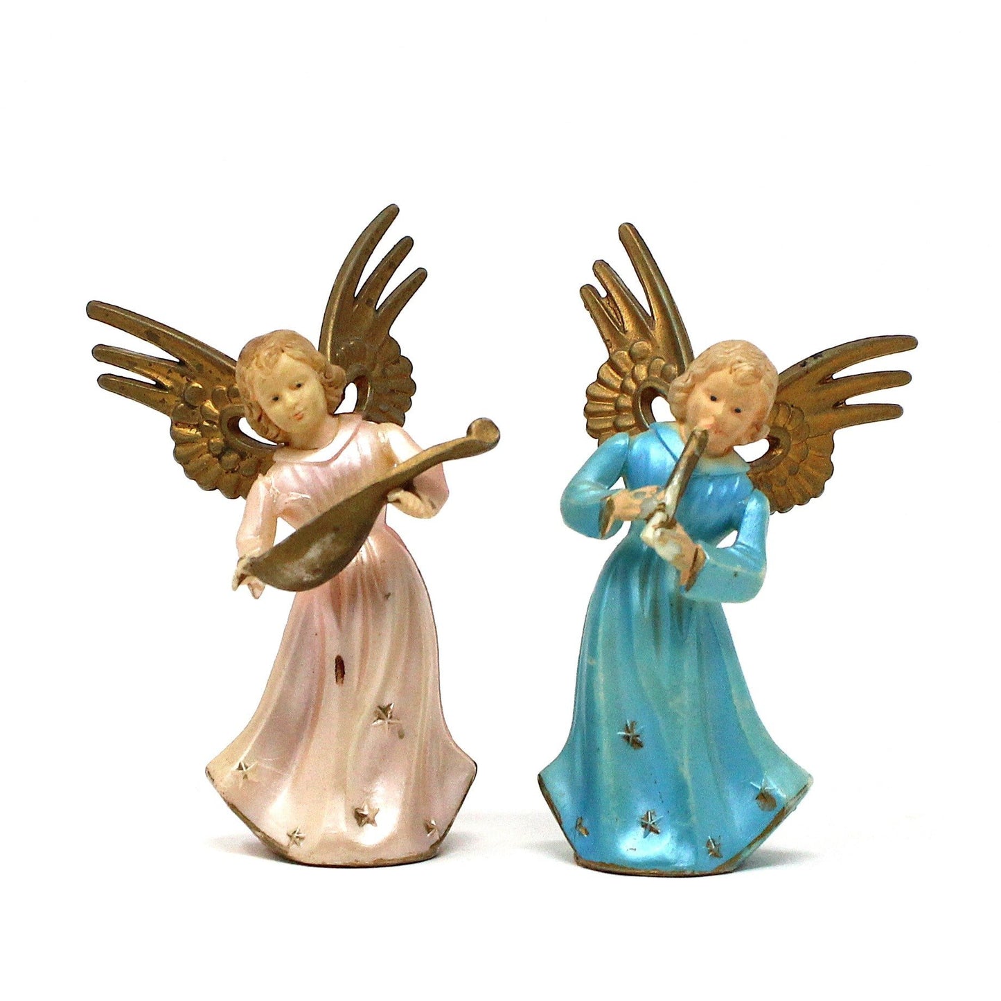 Ornaments, Angel Musicians, Christmas Ornaments, Set of 2, Pink & Blue, Plastic, Vintage, British Hong Kong