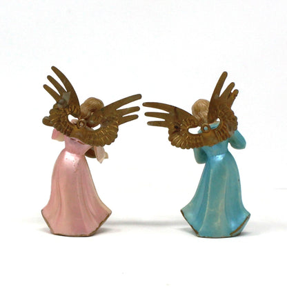 Ornaments, Angel Musicians, Christmas Ornaments, Set of 2, Pink & Blue, Plastic, Vintage, British Hong Kong