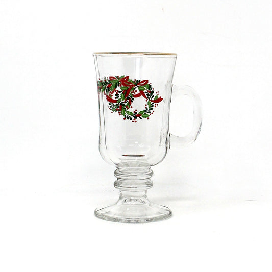 Mug, Libbey, Irish Coffee Mug, Christmas Holly Wreath & Ribbon Garland, Holiday Pattern, Vintage