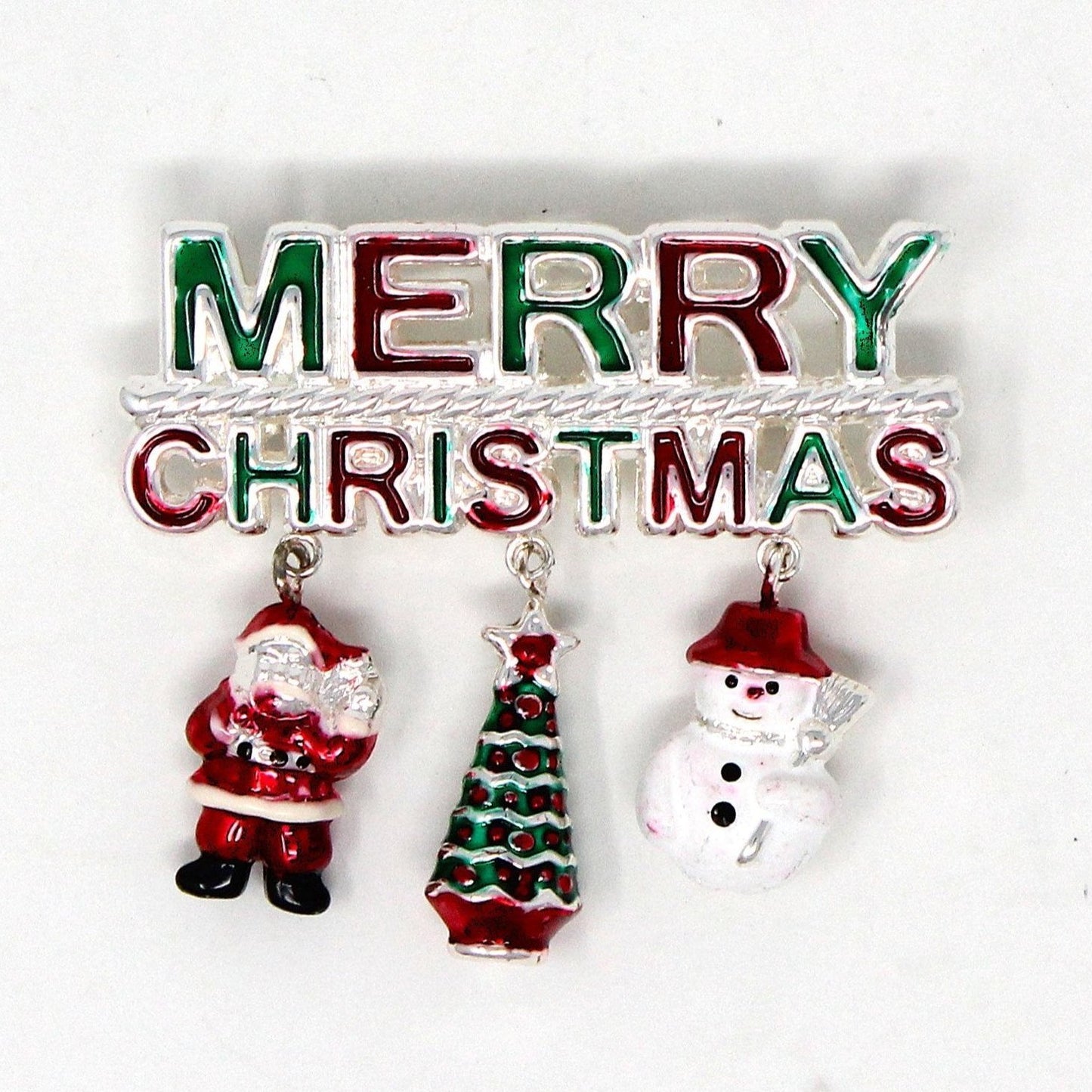 Brooch / Pin & Pendant, MERRY CHRISTMAS, Dangle Charms, Santa / Tree / Snowman, Signed BEST, Silver-Tone Bar Pin, Vintage