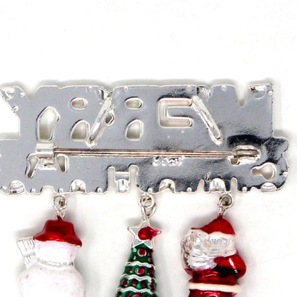 Brooch / Pin & Pendant, MERRY CHRISTMAS, Dangle Charms, Santa / Tree / Snowman, Signed BEST, Silver-Tone Bar Pin, Vintage