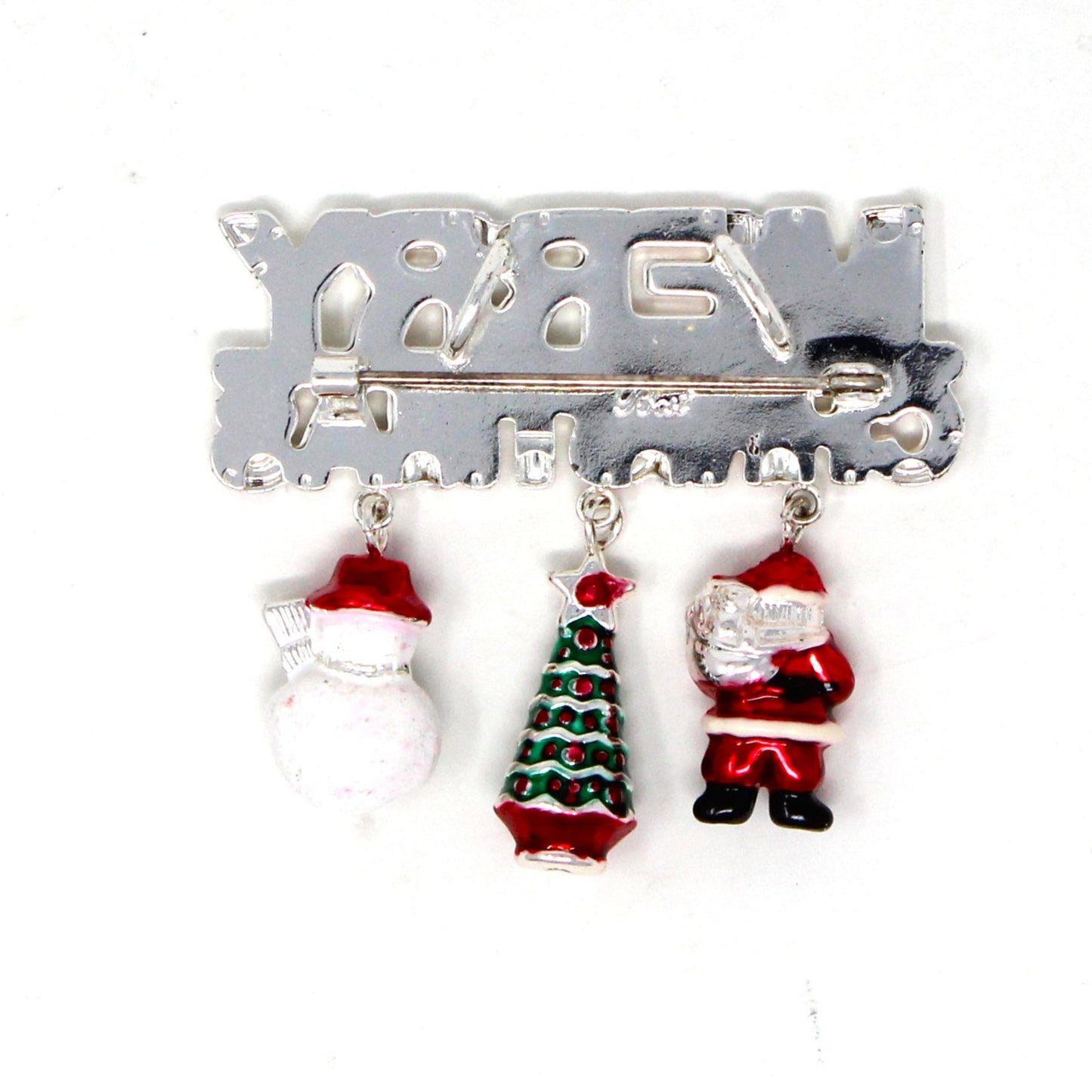 Brooch / Pin & Pendant, MERRY CHRISTMAS, Dangle Charms, Santa / Tree / Snowman, Signed BEST, Silver-Tone Bar Pin, Vintage