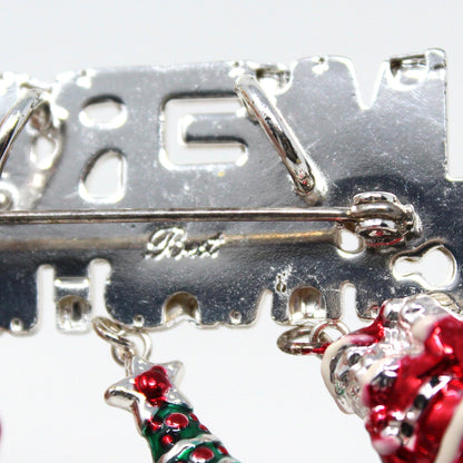 Brooch / Pin & Pendant, MERRY CHRISTMAS, Dangle Charms, Santa / Tree / Snowman, Signed BEST, Silver-Tone Bar Pin, Vintage