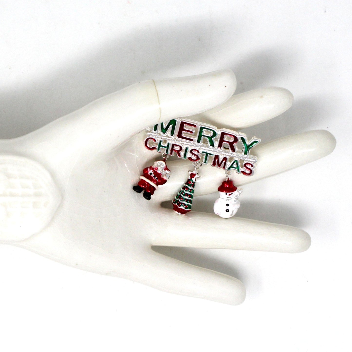 Brooch / Pin & Pendant, MERRY CHRISTMAS, Dangle Charms, Santa / Tree / Snowman, Signed BEST, Silver-Tone Bar Pin, Vintage