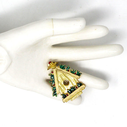 Brooch / Pin, Christmas Birdhouse Rhinestones & Enamel, Gold Tone, Vintage