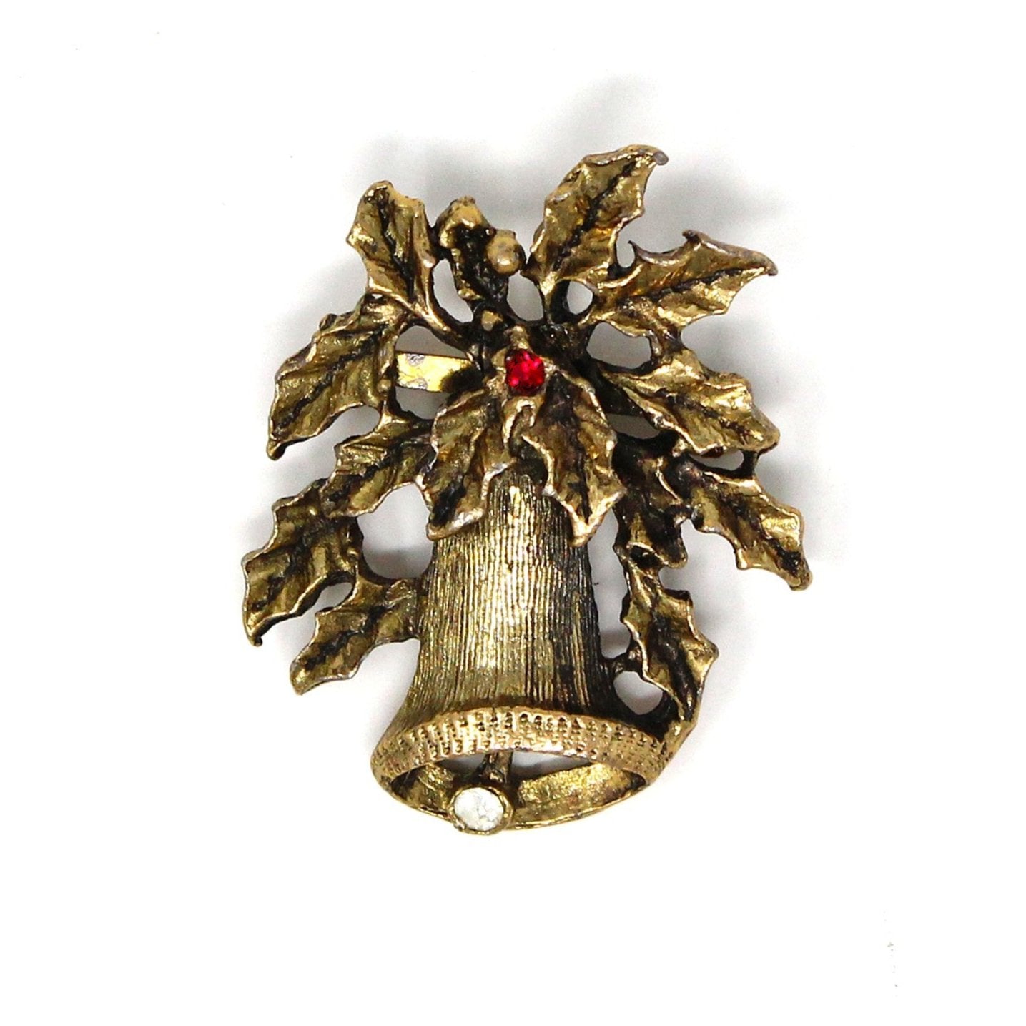 Brooch / Pin, Christmas Bell and Holly, Red & White Rhinestone Antique Gold Tone, Vintage