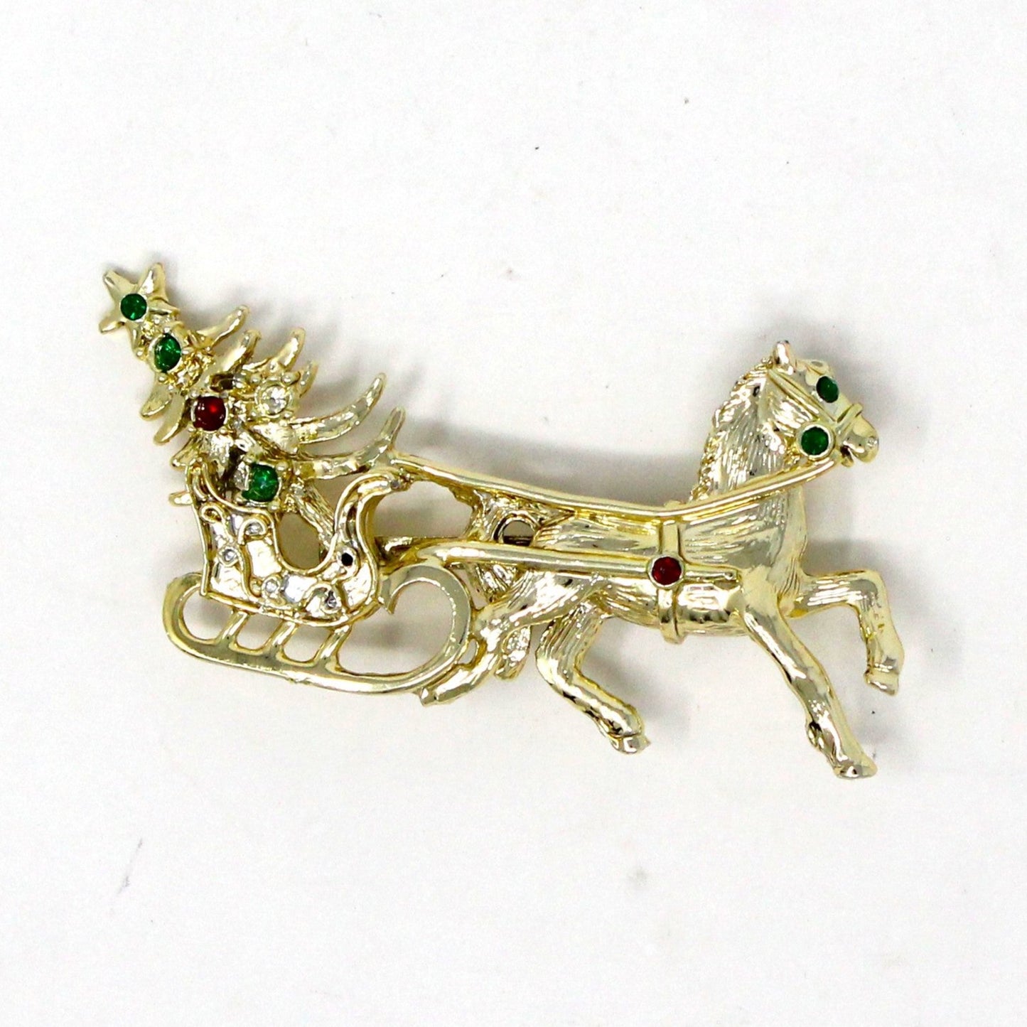 Brooch / Pin, Tancer II, Horse Drawn Sleigh & Christmas Tree, Red & Green Rhinestones, Gold Tone, Vintage