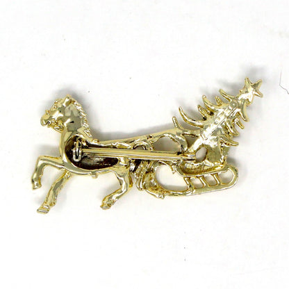 Brooch / Pin, Tancer II, Horse Drawn Sleigh & Christmas Tree, Red & Green Rhinestones, Gold Tone, Vintage