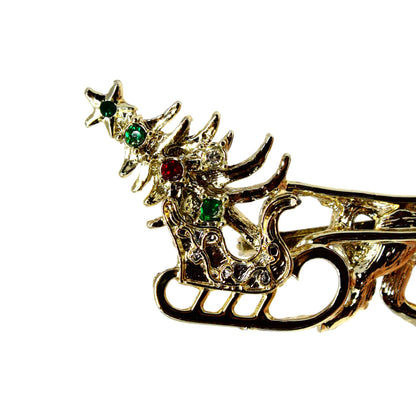 Brooch / Pin, Tancer II, Horse Drawn Sleigh & Christmas Tree, Red & Green Rhinestones, Gold Tone, Vintage