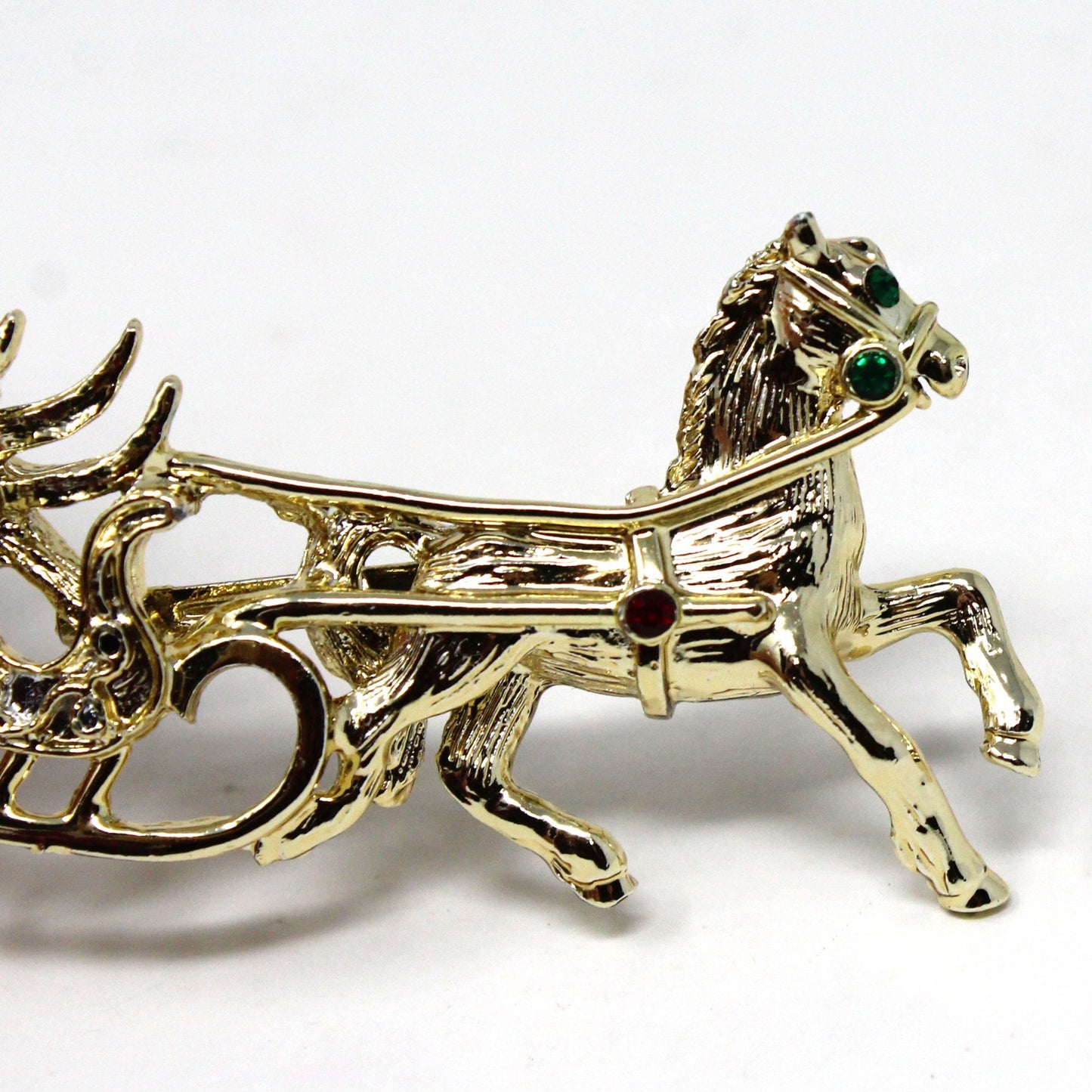 Brooch / Pin, Tancer II, Horse Drawn Sleigh & Christmas Tree, Red & Green Rhinestones, Gold Tone, Vintage