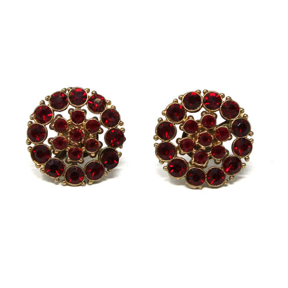 Earrings, Red Rhinestones Screw Back Round Earrings, Marked Japan, Vintage