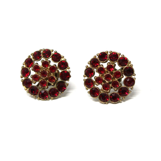 Earrings, Red Rhinestones Screw Back Round Earrings, Marked Japan, Vintage