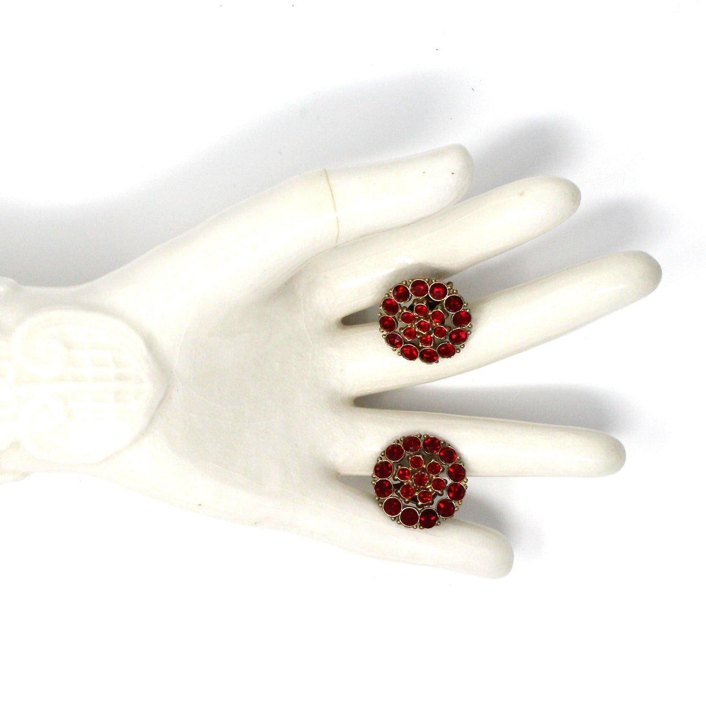 Earrings, Red Rhinestones Screw Back Round Earrings, Marked Japan, Vintage