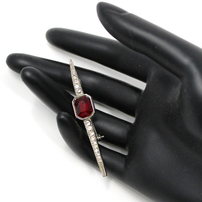 Bar Brooch / Tie Pin, Pave Rhinestones and Large Ruby Red Stone, Silver Tone, Vintage