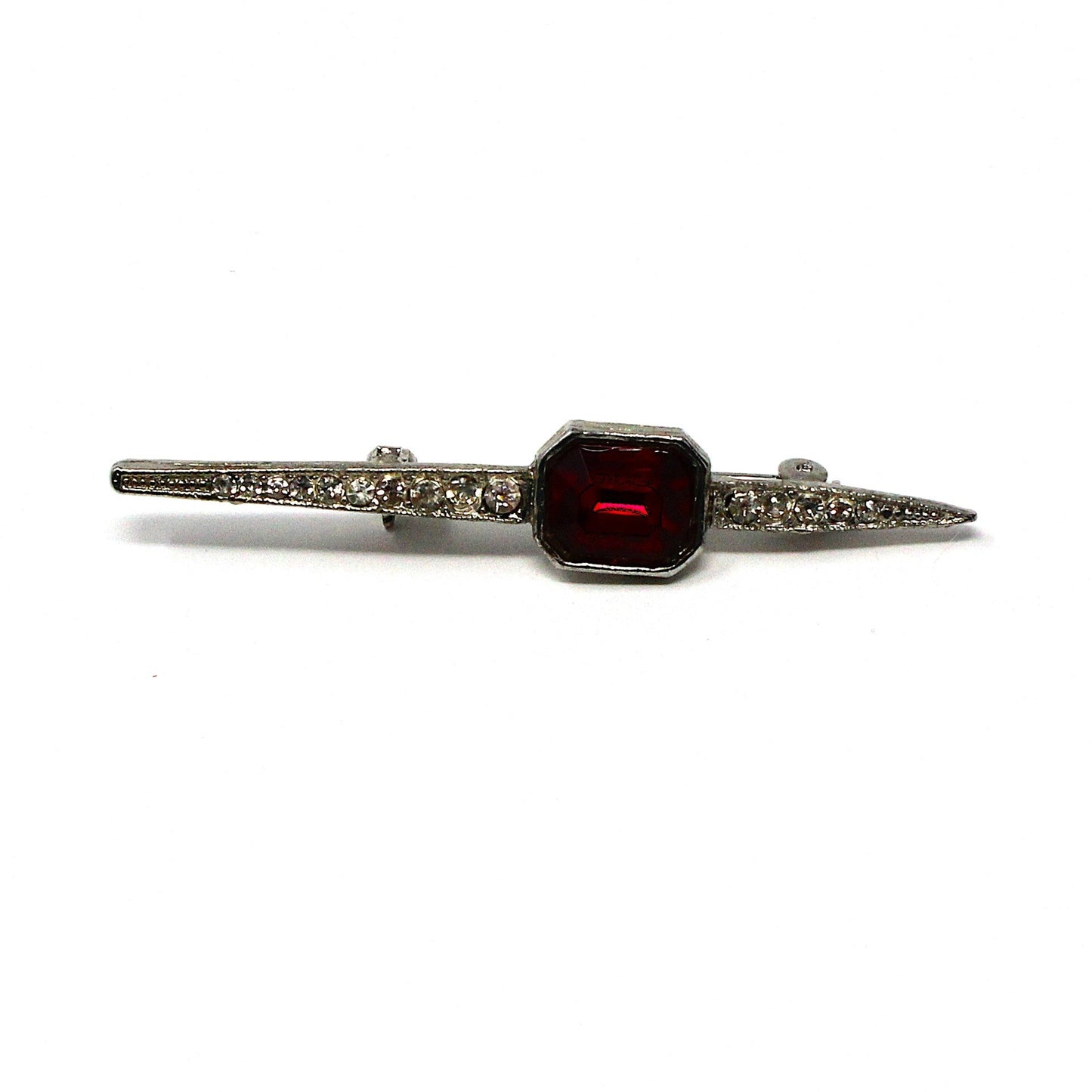 Bar Brooch / Tie Pin, Pave Rhinestones and Large Ruby Red Stone, Silver Tone, Vintage