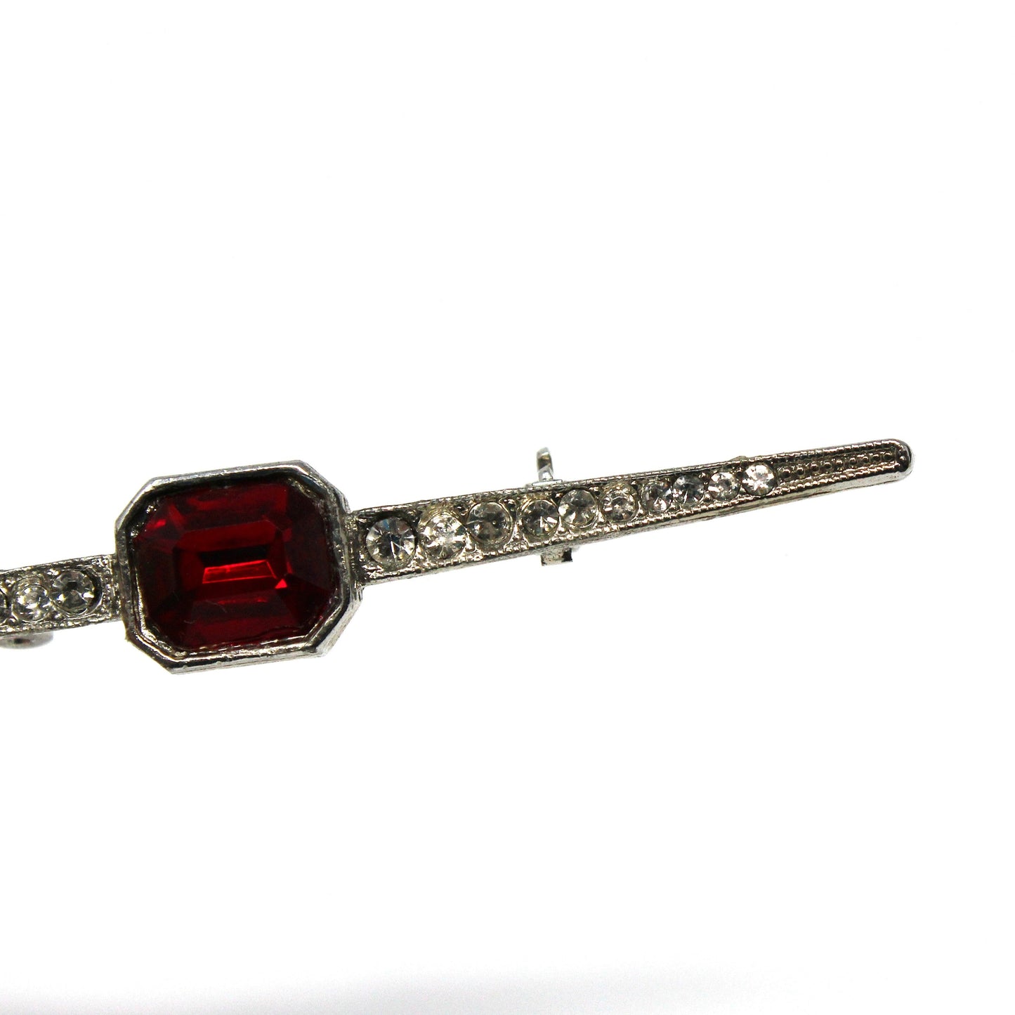 Bar Brooch / Tie Pin, Pave Rhinestones and Large Ruby Red Stone, Silver Tone, Vintage