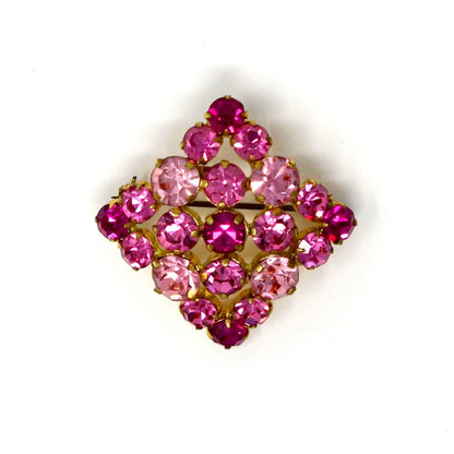 Brooch / Pin, Austrian Crystal Pink Rhinestones, Prong Set, Square Brooch, Vintage