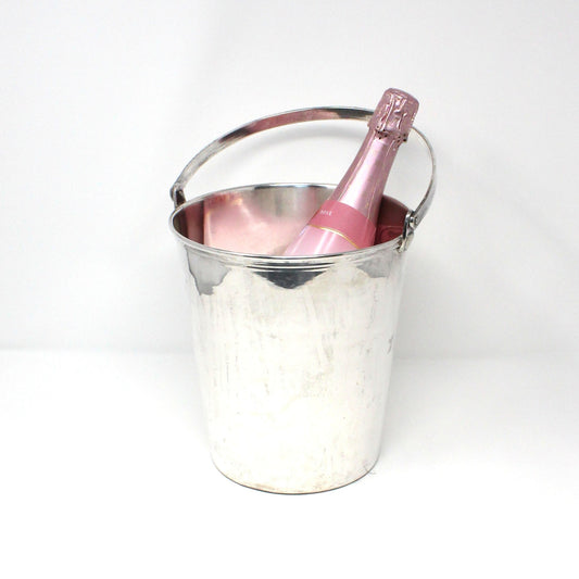 Ice Bucket, Champagne Bucket, Ice Pail, Silverplate, Hinged Handle & Ribbed Banding, Vintage