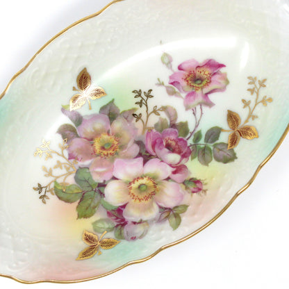 Dish, Schumann Arzberg, Oval Relish Dish, Wild Rose Blush Pattern, Embossed Porcelain, Germany, Vintage