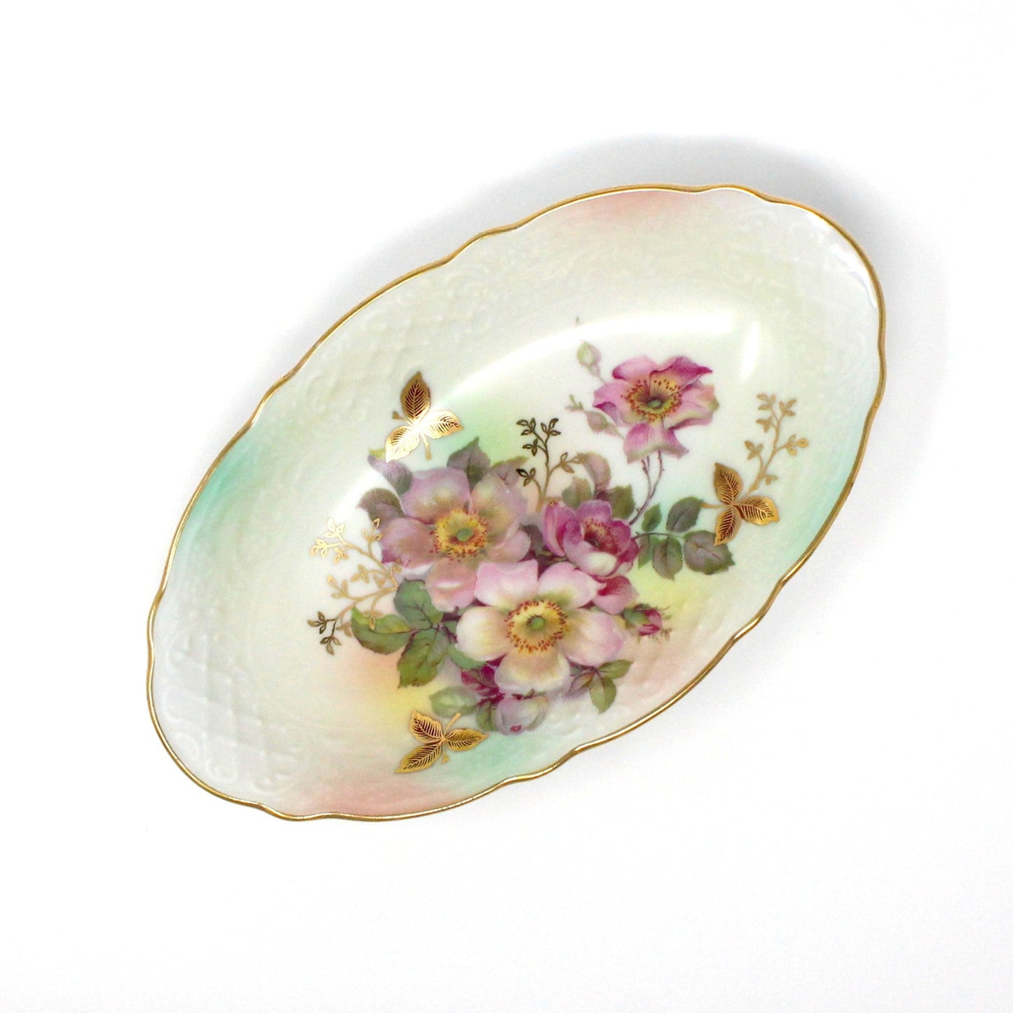 Dish, Schumann Arzberg, Oval Relish Dish, Wild Rose Blush Pattern, Embossed Porcelain, Germany, Vintage