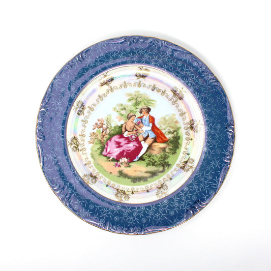 Decorative Plate, Victorian Couple Fragonard, Blue & White, Gold Filigree Iridescent, Vintage, Japan