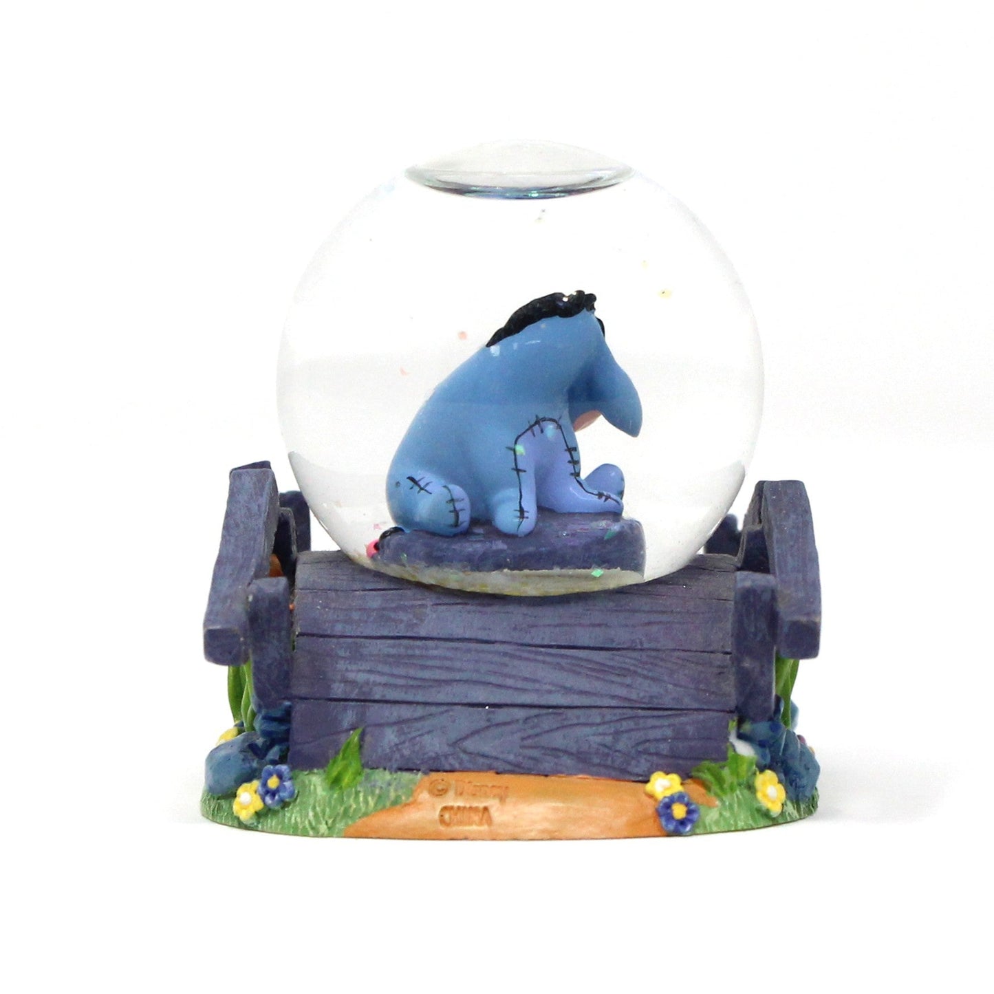 Snowglobe, Disney, Eeyore On Wooden Bridge With Flowers, Mini Snow Globe Collectible