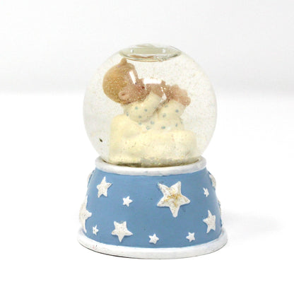 Snowglobe, Newborn Baby Mini Snow Globe with Blue & White Glitter Stars Base, Collectible, Vintage