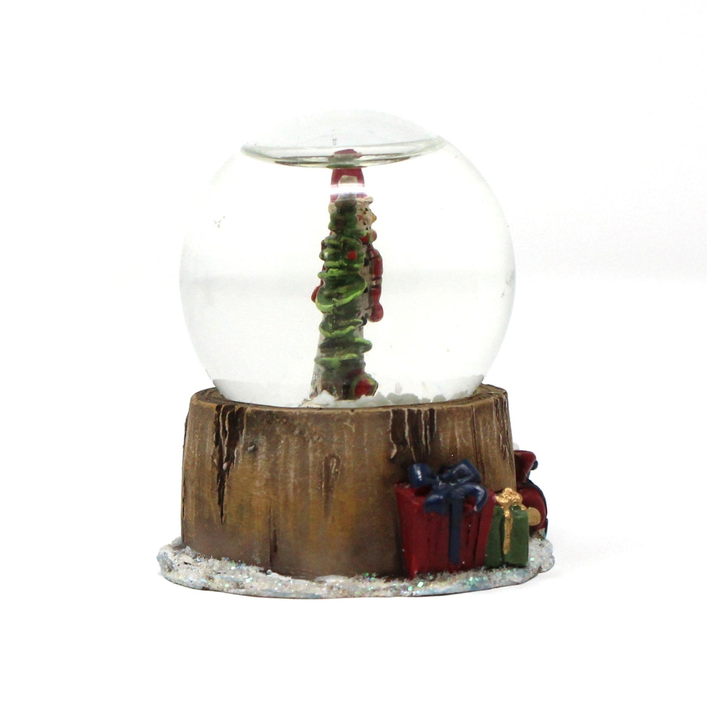 Snowglobe, Wooden Thin Santa Figure with Christmas Tree, Mini Snow Globe, Tree Stump Base w/Gifts, Collectible, Vintage